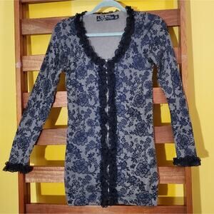 Twelve by Twelve Navy Blue Floral Lace Trim Cardigan